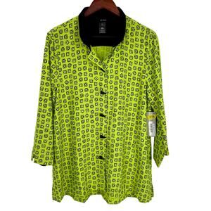 NEW NWT Ali Miles Large Neon Green Wearable Art Abstract Artsy Blouse Shirt Top
